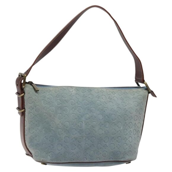 CELINE C Macadam Canvas Shoulder Bag Suede Leather Blue Gold Auth - Picture 1 of 16